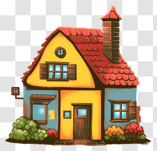Cute House - Charming Cartoon Yellow House With Red Roof Transparent PNG