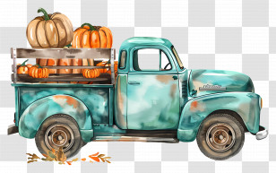 Pumpkin Truck - Blue Vintage Pickup Truck Loaded With Pumpkins Transparent PNG