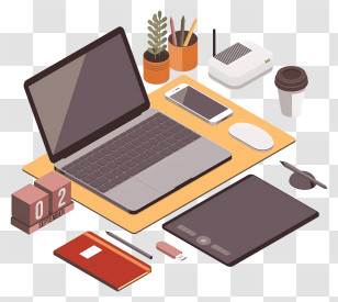 Laptop - Organized Workspace Setup With Technology And Stationery Transparent PNG