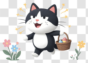 Cat Mascot Celebrating Easter Day - Happy Easter Cat With Egg Basket Transparent PNG