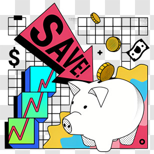 Cartoon Pig - Piggy Bank With Save Sign And Coins Transparent PNG
