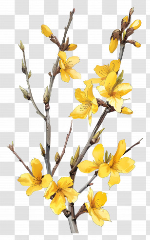 Forsythia - Yellow Flowering Branches In Spring Illustration Transparent PNG