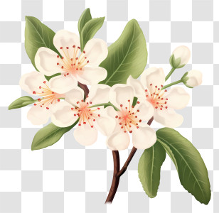 Blooms - Flowering Branch Illustration With White Blossoms Transparent PNG