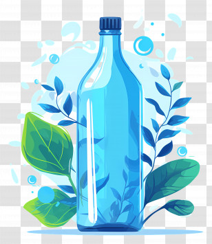 Mineral Spring Water - Blue Glass Bottle With Leaves Decoration Transparent PNG