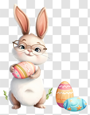 Vector Draw Character Design - Easter Bunny Holding Colorful Eggs Transparent PNG