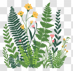 Garden Fern - Beautiful Green Plants And Flowers Illustration Transparent PNG
