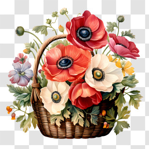 Anemone Flower - Basket Of Flowers With Vibrant Colors Transparent PNG
