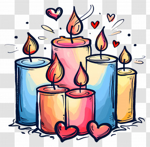 Candles In Various Colors And Hearts - Romantic Candles With Hearts Illustration Transparent PNG