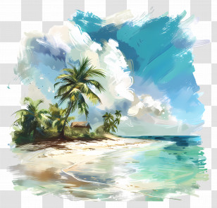 Tranquil Beach - Tropical Beach And Ocean Palm Trees Illustration Transparent PNG
