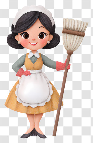 Woman In Housekeeping Uniform - Cartoon Maid Holding A Broom Transparent PNG