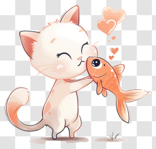 Cute Cat Kissing Fish - Cute Cat Hugging Fish With Hearts Transparent PNG