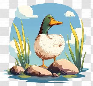 Cartoon Duck - Illustration Of Duck On Rocks By Pond Transparent PNG