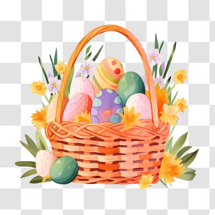 Easter Basket - Colorful Easter Egg Basket With Flowers Transparent PNG