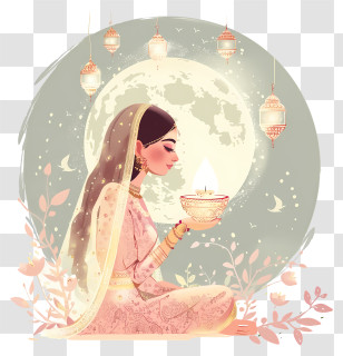 Karwa Chauth - Woman With Lamp And Moon Transparent PNG