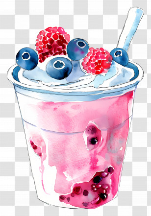 Watercolor Yogurt Cup - Berry Smoothie With Fresh Fruits Transparent PNG