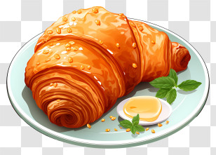 Croissant - Golden Croissant With Butter And Mint Garnish Transparent PNG