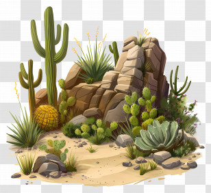 Desert Garden - Desert With Cacti And Rocks Illustration Transparent PNG