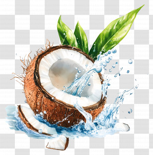 Coconut Water - Coconut With Water Splash And Leaves Transparent PNG
