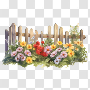 Wooden Garden Fence - Colorful Flowers In Garden With Wooden Fence Transparent PNG