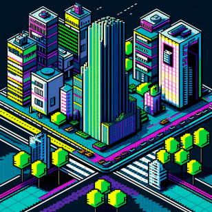 Pixel Art City - Neon Pixel Cityscape Transparent PNG