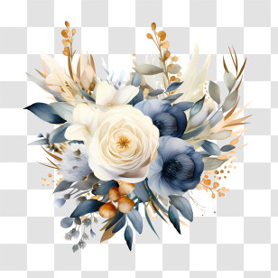 Wedding Floral Art - Floral Bouquet With White And Blue Flowers Transparent PNG