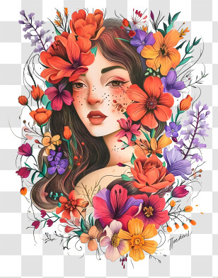 Hand Drawn Woman And Flowers - Artistic Woman Portrait With Floral Beauty Transparent PNG