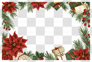 Christmas Background - Christmas Frame With Poinsettias And Gifts Transparent PNG