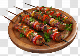 Kebab - Grilled Meat And Vegetable Skewers On Wooden Plate Transparent PNG
