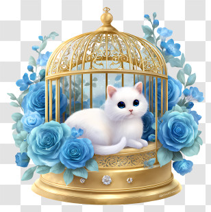 Cat In Gold Birdcage - Elegant White Cat In Cage With Roses Transparent PNG