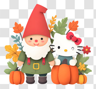 Autumn Gnome And Hello Kitty - Gnome And Cat With Pumpkins Transparent PNG