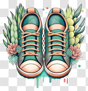 Sneakers - Artistic Sneakers With Decorative Plants Transparent PNG