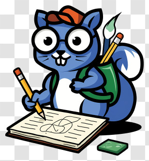 Cartoon Squirrel Student - Playful Blue Squirrel Sketching Transparent PNG