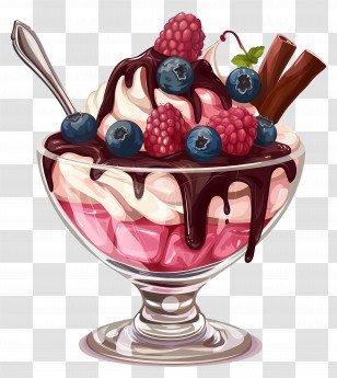 Ice Cream Sundae - Decorative Ice Cream Sundae With Berries And Chocolate Drizzle Transparent PNG