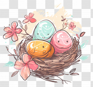 Nest With Easter Eggs - Cute Nest With Colorful Easter Eggs And Flowers Transparent PNG