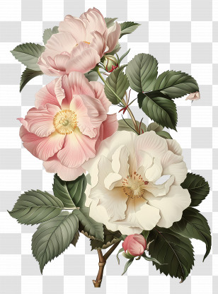 Vintage Flowers - White And Pink Flowers Botanical Illustration Transparent PNG