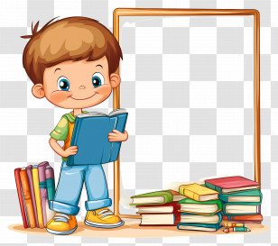 School Simple Frame - Boy Reading Book With Stack Of Books Transparent PNG