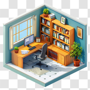Study Room - Cozy Home Office With Desk And Bookshelves Transparent PNG