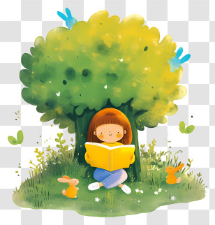 Reading Under Tree - Girl Reading Under Tree Illustration Transparent PNG