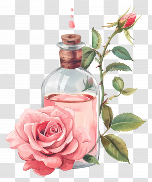 Rose Oil - Rose Oil Bottle With Flowers Illustration Transparent PNG