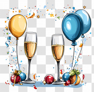 New Year Frame - Champagne Glasses And Balloons For Party Celebration Transparent PNG