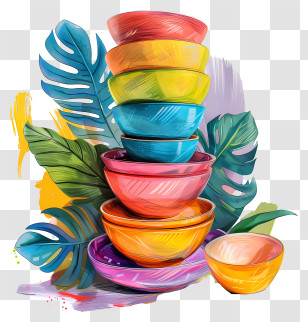 Stacked Dishes - Stacked Colorful Bowls With Vibrant Designs Transparent PNG