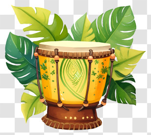 Conga Drum - Yellow Djembe Drum With Vibrant Leaves Transparent PNG