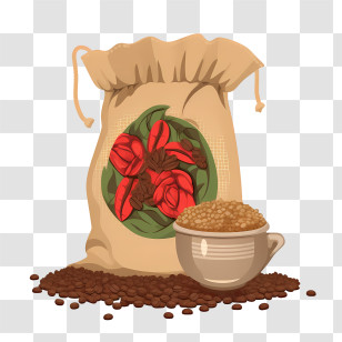 Coffee Beans Bag - Coffee Beans And Cup With Bag Transparent PNG