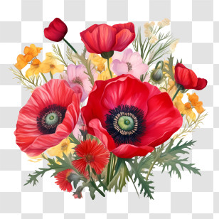 Poppy Flower - Red Poppies And Wildflowers In A Vibrant Bouquet Transparent PNG