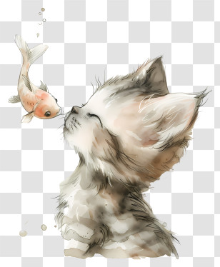 Cute Cat Kissing Fish - Cute Kitten And Fish Watercolor Illustration Transparent PNG