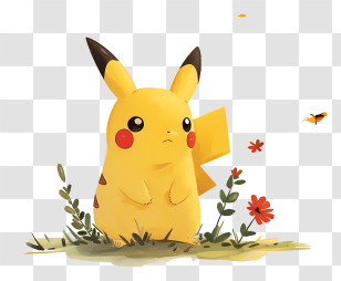 Pikachu - Pikachu Standing On Grass With Flowers Transparent PNG