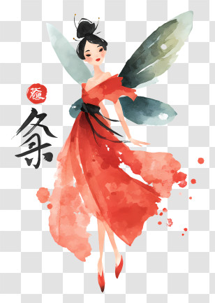 Fairy Ink Painting - Watercolor Fairy In Red Dress Transparent PNG