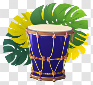 Blue Drum - Decorative Blue Drum With Tropical Leaves Transparent PNG