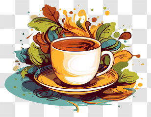 Cup Of Tea - Artistic Coffee Cup With Leaves Transparent PNG