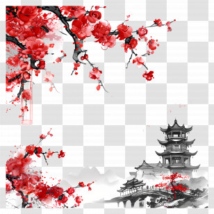 China Background - Red Cherry Blossoms And Temple Transparent PNG